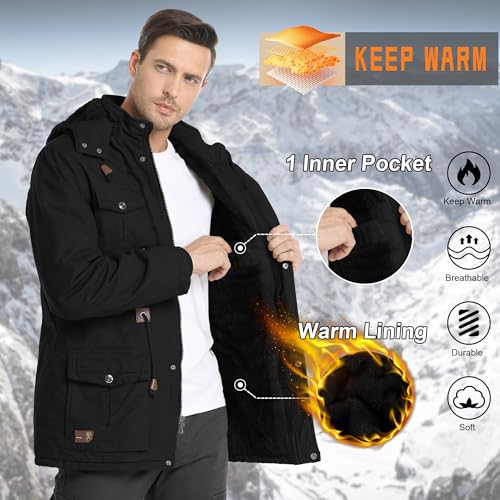 CHEXPEL Men's Thick Winter Jackets with Hood Fleece Lining Cotton Military Jackets Work Coats with Cargo Pockets Outwear2