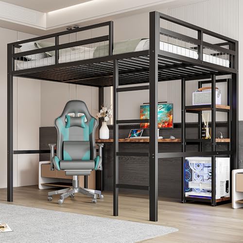 Merax Hochbett aus Metall, 140 x 200 cm, mit Schreibtisch und mehrere Einlegeböden, Steckdose, USB und Type-C - Bettgestell mit Lattenrost(ohne Matratze) für Kinder/Erwachsene, Schwarz – Bild 7