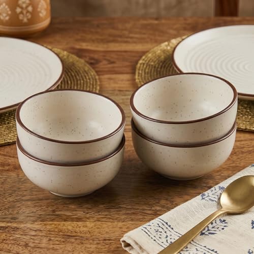 Image of The Earth Store Spiral White Ceramic Dinner Set, 18 Pieces with 6 Dinner Plates & 12 Vegetable Bowls | Microwave & Dishwasher Safe | Crockery Set for Dining & Gifting