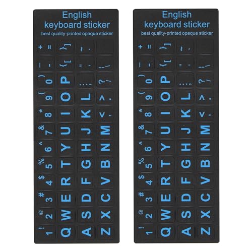 2Pcs Universal English Keyboard Stickers for PC Computer Mac Laptop Desktop Keyboard, English Keyboard Replacement Stickers, Blue Font Black Background