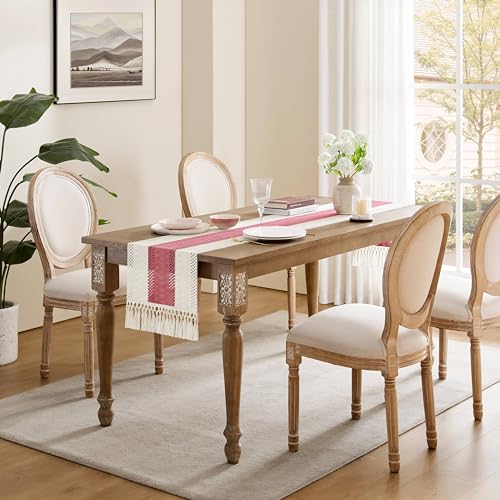 Image of ZeeMart Macrame Style Bicolor Stitching Table Runner, 14 x 48 Inch Dusty Rose /Ivory, Boho Table Runners 48 Inches Long, Farmhouse Woven Home Decor