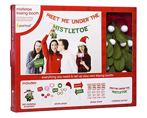 Image of Pearhead Christmas Mistletoe Kissing Booth Photo Props, Holiday Party Decorations, Meet Me Under the Mistletoe Banner, Sticker Sheet, All In One Kit
