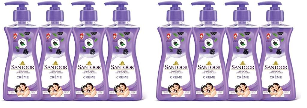 Santoor Crème Handwash 200ml, Pack of 8 with Touch of Lotion| Made with Berries & Tulsi| Rich Lathering Formula with Anti-Bacterial Properties| Soft on Hands| Soothes & Hydrates Skin-image-2