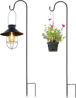 2 Pack Shepherds Crook Hooks, Adjustable Height Shepherds Hooks with Base, 76 cm/29.64 in Metal Border Hook for Garden Lights, Lanterns,Plant Baskets, 3 Section Stitching, (Black)