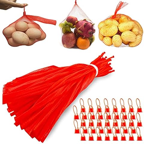 Pack of 200 Mesh Produce Bags Reusable Mesh Bags Shopping Net Bags Egg Net Bag Fruit Net Bag for Egg Net Bags, Fruit, Vegetables, Nuts and Vegetable Plant Protection with Mesh Buckle Cover