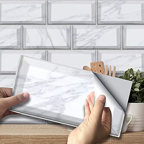 funlife 20X10cm 27Pcs Peel and Stick Transfers Sticker On Tiles, Self-Adhesive Water-Resistant PVC Tile Decals Backsplash for Home Kitchen Decor, White Marble Cover