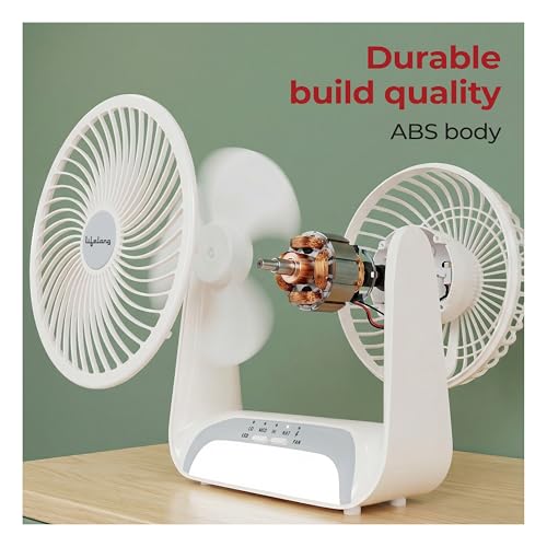 Image of Lifelong Personal Table Fan with LED Light | 3 Speed Settings, 2650 RPM | Built-In LED Light with 3 Light Modes | Desk & Wall Mountable | 5W BLDC Motor, 2400mAh Battery | Type-C Rechargeable (White)