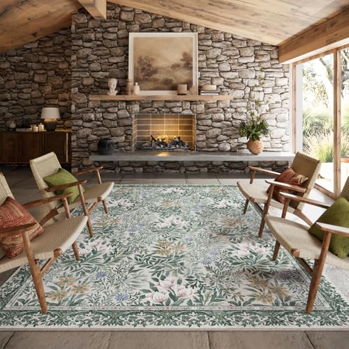 Image of Botanical Floral Area Rug 8x10 Light Green Cream Vintage Garden Design, Perfect for Living Room, Bedroom, Kids Room, Nursery - Stain & Water Resistant Non-Slip, Pet & Child Friendly Area Rugs