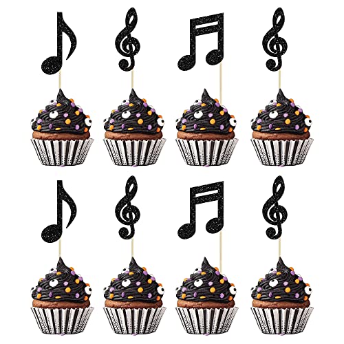 Gyufise 24Pcs Music Notes Cupcake Toppers Black Glitter Musical Symbol Cupcake Picks for Rock Music Concert Theme Baby Shower Wedding Birthday Party Cake Decorations Supplies