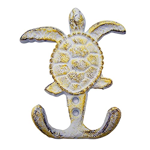 Wowser Distressed White Sea Turtle Cast Iron Wall Hook, Yellow Accents, Wall Décor, Set of 3, 4 3/4 Inch - Image 6