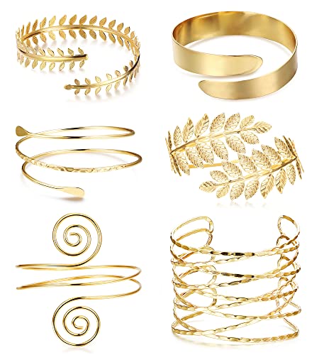 JeweBella 6 Piezas Brazalete de Brazo Superior para Mujer Brazalete Abierto Brazalete de Hoja Conjunto de Joyería Ajustable