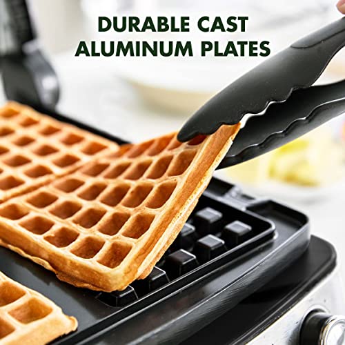 Greenpan Elite 4-Square Belgian & Classic Waffle Iron, Healthy Ceramic Nonstick Aluminum Dishwasher Safe Plates, Adjustable Shade/Crunch Controls, Wont Overflow, Easy Cleanup Breakfast, Black #TOP3