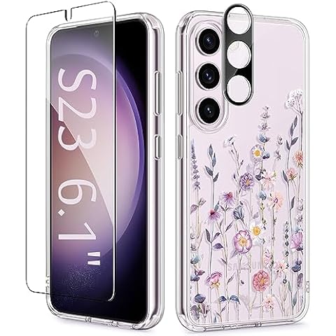 GVIEWIN for Samsung Galaxy S23 Case, [3 in 1] with Screen Protector & Camera Lens Protector Clear Floral Shockproof Hard PC Back & Soft Bumper Women Phone Case Cover 2023 6.1" (Floratopia/Colorful) Cover