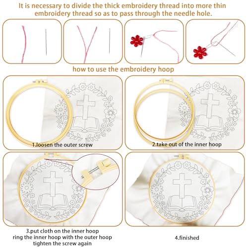 Image of BEUNITONE 6PCS Bible Cross Pattern Embroidery Starter Kit, Hand Embroidery Kits for Adults Beginners Include Hoop Needles Threads and Instruction, Funny Needlepoint Craft Kits for Gifts and Home Decor