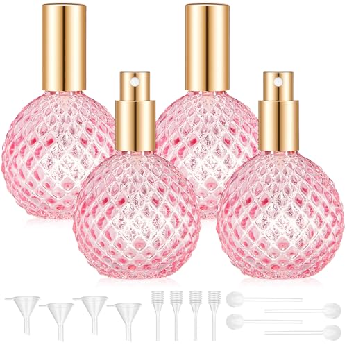 4 Pack 3.4oz 100ml Pink Glass Perfume Atomizers Bulk, Refillable Vintage Travel Cologne Spray Bottles Empty for Women with Leak-proof & 3 Kinds of Dispenser for Cosmetic Liquids, Elegant Home Decor