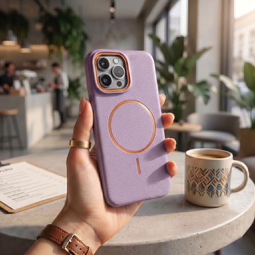 Image of amazon basics Luxury MagSafe Compatible Leather Texture Back Cover for iPhone 13 Pro | Raised Camera Protection | Slim Fit Shockproof Case with Metallic Accents (Purple)