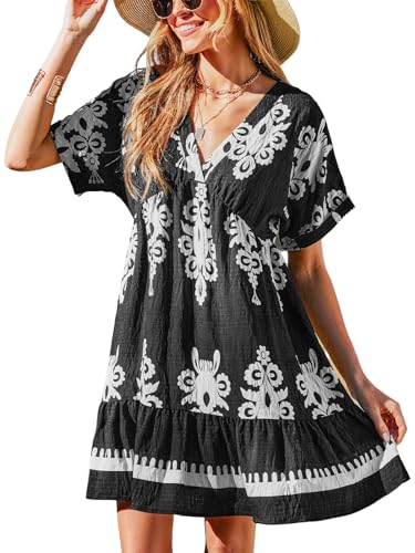 Image of CUPSHE Women Ruffle Floral Summer Dresses 2025 V Neck Short Sleeve Smocked High Waist Casual Beach Holiday Mini Dress