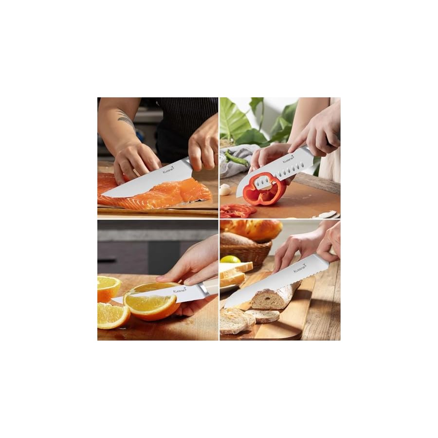 Kuisine Kitchen Knife Set,High Carbon Stainless Steel Ultra Sharp Blade Ergonomic Handle,Knife Block Set with Built-in Sharpener,Elegant Gift for Holiday(Irovy-Acacia,15PCS)