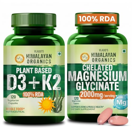 Vlado's Himalayan Organics Chelated Magnesium Glycinate + Plant Based Vitamin D3 K2 Combo | 2000mg Magnesium Glycinate & Vegan D3 600 IU with MK7 | Daily Wellness Support | 120 Tablets + 120 Capsules-image-34