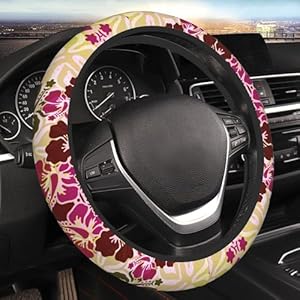 Hawaiian Hibiscus Pattern Car Steering Wheel Cover Anti-Slip Breathable and Sweat Absorption Neoprene Universal 14-15 Inch Inches Car Accessories