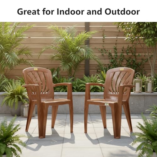 Image of Patiofy Plastic Chair for Home & Outdoor Use | Heavy Duty Comfortable Chair with Strong Legs | Stackable, Easy to Clean | Suitable for Living Room, Balcony, Patio Pack of 2 (Elba Sandalwood)