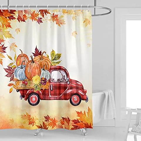 Kikiry Fall Shower Curtain 60''W x 72''L Maple Leaves with Harvest Pumpkin Buffalo Checkered Plaid Truck Autumn Halloween Thanksgiving Bathroom Decor 12 Pack Plastic Hooks Cover