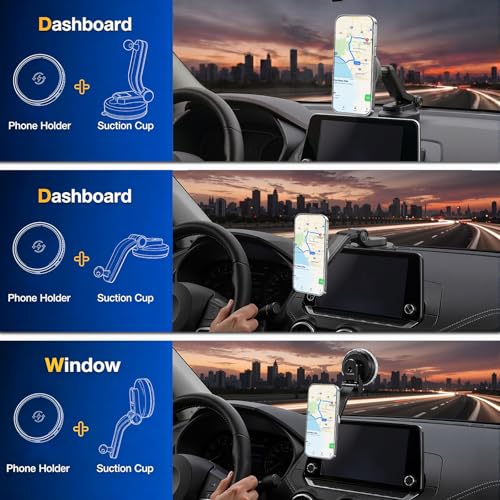 Image of Magnetic Phone Mount for Car, 15W Wireless Car Charger, Dashboard Phone Holder and Windshield Mount, Extendable 360 Degree Arm, Washable Gel Suction Cup, Metal Ring and Cable Included
