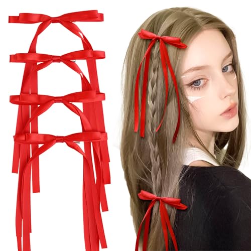 VOBOBE 4PCS Hair Bows for Women Girls Red Tassel Ribbon Bowknot Hair Clips Barrettes for Girl with Long Tail Solid Satin Hair Accessories (Red)