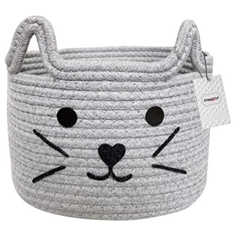 Inwagui Cotton Rope Basket Collapsible Nursery Baby Hamper Cute Cat Storage Box with Handles Office Desk Organizer Home Decor - Grey Cover