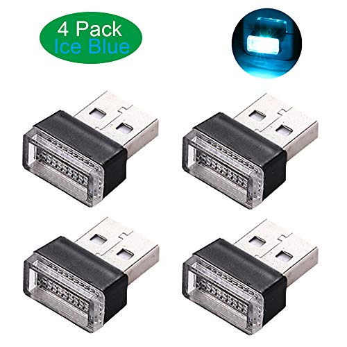 Lipctine 4 PCS USB LED Car Interior Atmosphere Lamp, Night Light Mini Led Decoration Light, Ambient Lighting Kit, Charging for All Cars, Interior Led Lights Ice Blue