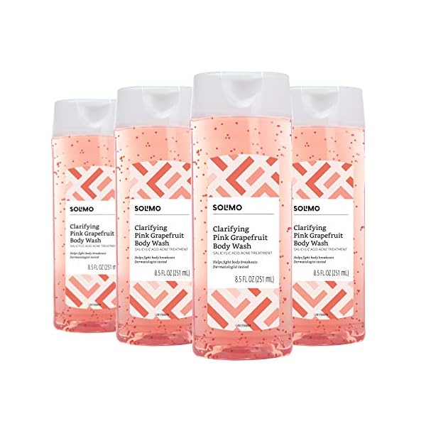 Amazon Brand - Solimo Clarifying Pink Grapefruit Body Wash, 2% Salicylic Acid Acne Treatment, Dermatologist Tested, 8.5 Fl Oz (Pack of 4)