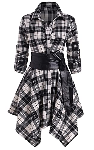 FEOYA Blusenkleid Kariert Damen Übergangskleid Kariert Langarm Hemdkleid mit Gürtel Damen Schwarz XL
