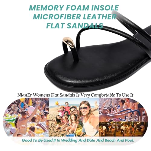 Image of NianEr Womens Microfiber Leather Memory Foam H Sandals Summer Shoes Slides | Flat, Comfortable, Slip On, Dressy, Dress, Beach, Vacation, Designer, Comfy, Casual, Bridal, Church, Boho, Office, Work