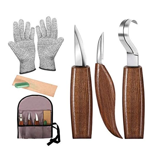 Wood Carving Tools, 7pcs Wood Carving Kit with Carving Hook Knife, Wood Whittling Knife, Chip Carving Knife, Gloves, Carving Knife Sharpener for Beginners Woodworking kit …