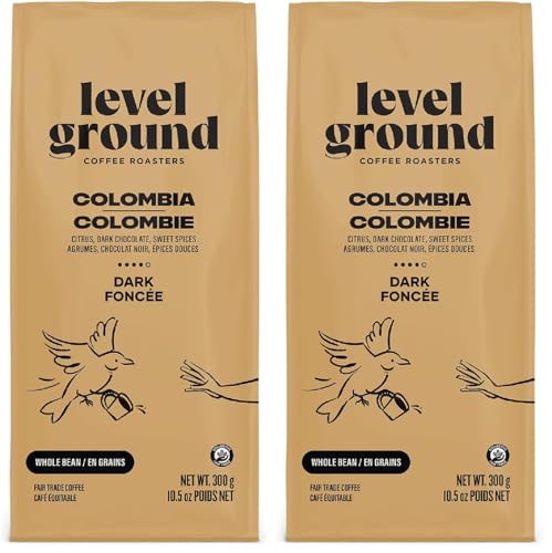 Level Ground Coffee - Colombie Origine unique - Rôti foncé, haricots entiers - Commerce équitable, Kosher - Café spécialisé - Grande dans un Drip Brew, Presse française, Pour Over - Goûts gras, riches, intenses - 300g / 10.5oz