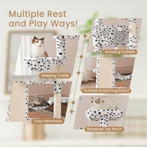 Image of SHA CERLIN 65in Larger Cat Tree Tower Condo for Indoor Kitties /Multi-Level Furniture Activity Center with Wide Base /Cozy Plush Perches /Baskets /Sisal Scratching Posts and Hammock /White & Black Spot
