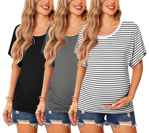 Image of Ekouaer Maternity Shirts 3 Packs Dolman Sleeve Side Ruched Tops Tunic Casual Pregnancy Clothes