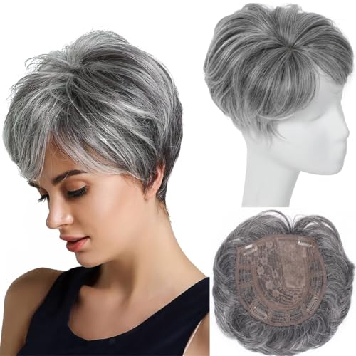 Image of PORSMEER Hair Toppers for Women Short Pixie Cut Pieces for Women with Thinning (Black mix Silver)