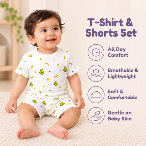 Image of MOM'S HOME T-Shirt & Shorts Co-ord Set for Kids | Elegant & Comfortable Summer Wear | Organic Cotton Clothing Set | Avocado | Pack of 1