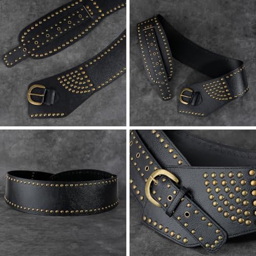 JUMISEE Women Vintage Studded Rivets Wide Leather Belt Western Chunky Waist Belt Y2k Grunge Cowboy Waistband 7