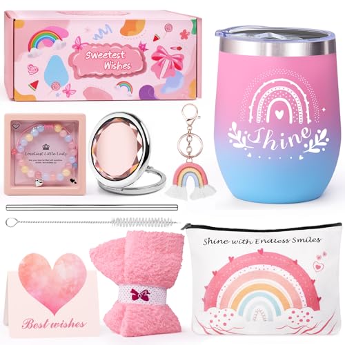 RYLIFEOGI Conjunto de presente para meninas adolescentes, caixa de presente para melhor amiga com caneca térmica, meias de pelúcia, pulseira de cristal e espelho compacto, presentes de aniversário