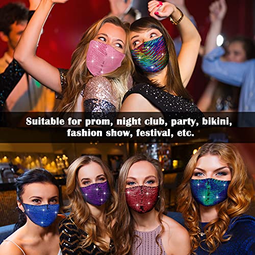 6 Pieces Rhinestone Bling Mesh Mask Sequined Chic Decorative Masquerade Face Coverings For Party Costume (Green, Royal Blue, Pink, Red, Purple, Rainbow) #TOP2