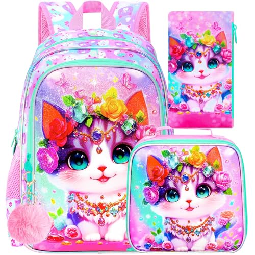 Image of 3Pcs Cat Backpack for Girls, 16 inch Kids School Backpacks with Lunch Box, Bookbag for Elementary Preschool Kindergarten(Pink)