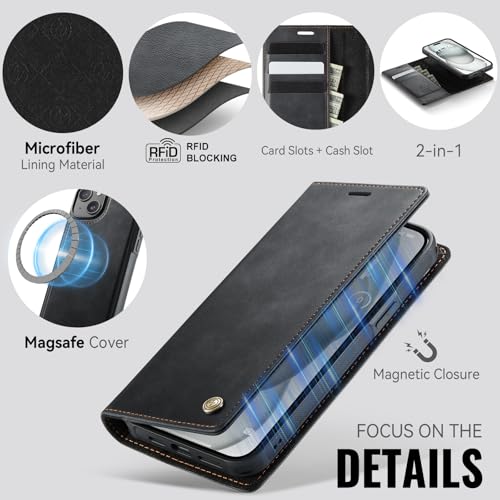 Image of Wallet Case for iPhone 13 Compatible with Magsafe, 2-in-1 PU Leather Flip RFID Blocking Card Holder Stand Shockproof Magnetic Detachable Cover for iPhone 13 Case 6.1 inch, Black