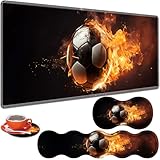 ZHUHEHEAH 大型ゲーミングテーブルパッド 31.5インチ x 11.8インチ + キーボードリストパッド + マウスリストパッド + コースター ノンスリップベース 4イン1セット、人間工学に基づいたメモリーフォーム、タイピングの痛みの緩和、ファイヤーフットボール