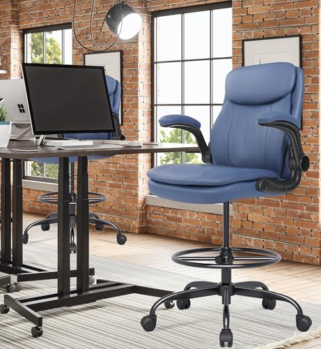 Image of Misolant Leather Drafting Chair, Tall Office Chair for Standing Desk, High Executive Office Chair with Adjustable Height and Flip-up Armrest for Counter Height Desk