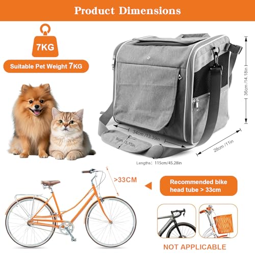 Hundekorb für Fahrrad, faltbarer 3-in-1-Haustier-Fahrradkorb, Crossbody, Schulter und Handheld für kleine und mittelgroße Haustiere bis zu 12 kg, mit stabiler L-Halterung und 4 Netzfenstern, Grau