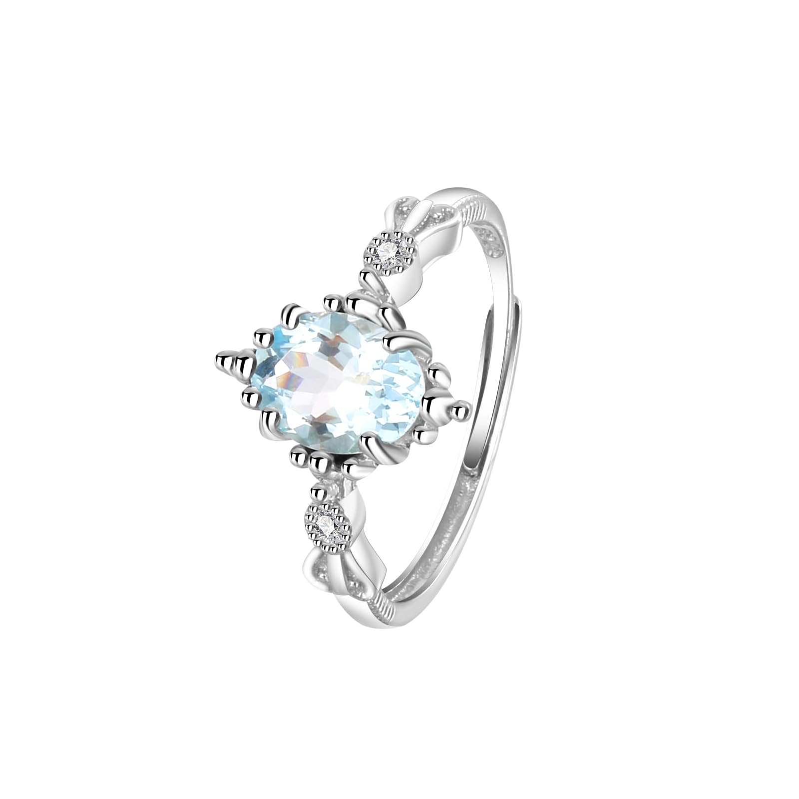 Anillos Mujer Plata Ajustables,Anillos De Compromiso Con Halo De Corte Ovalado para Mujer, Aguamarina Genuina Natural, Banda Infinita, Alianza De Boda Ajustable para Ella Con Caja De Madera