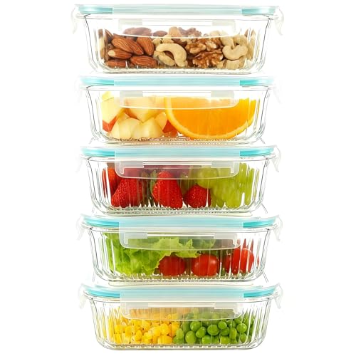 SUMFGO 5-Pack 36oz Glass Meal Prep Containers Airtight BPA-Free Food Storage Containers with Lids Safe for microwave oven freezer & dishwasher