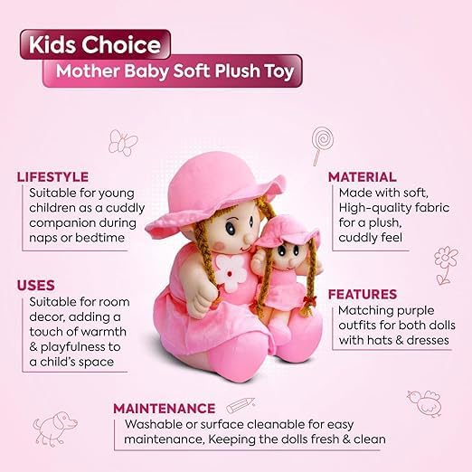 Image of Yellow Plush Doll Set, Stuffed Toy Dolls with Braided Hair and Sun Hats, Mother Daughter Matching Outfit, Girls Gift (Pink)